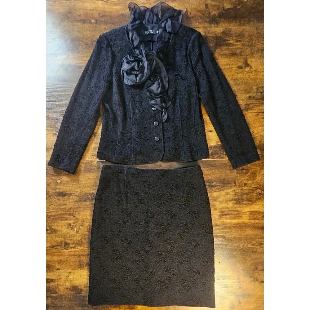 TERI‎ JON Rickie Freeman Womens Black Jacket And Skirt Ruffle Cuffs Rosettes 14